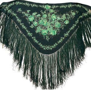 Vintage Gucci 1970s Silk Floral Piano Shawl Green Fringe